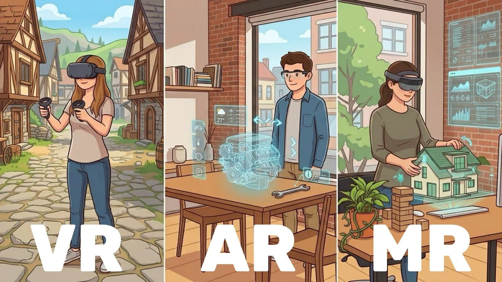 Illustration comparing VR, AR and MR: a person in a headset inside a virtual village, a person in glasses looking at a hologram of an engine over a real table, and a person in a headset handling a virtual model house on a real desk