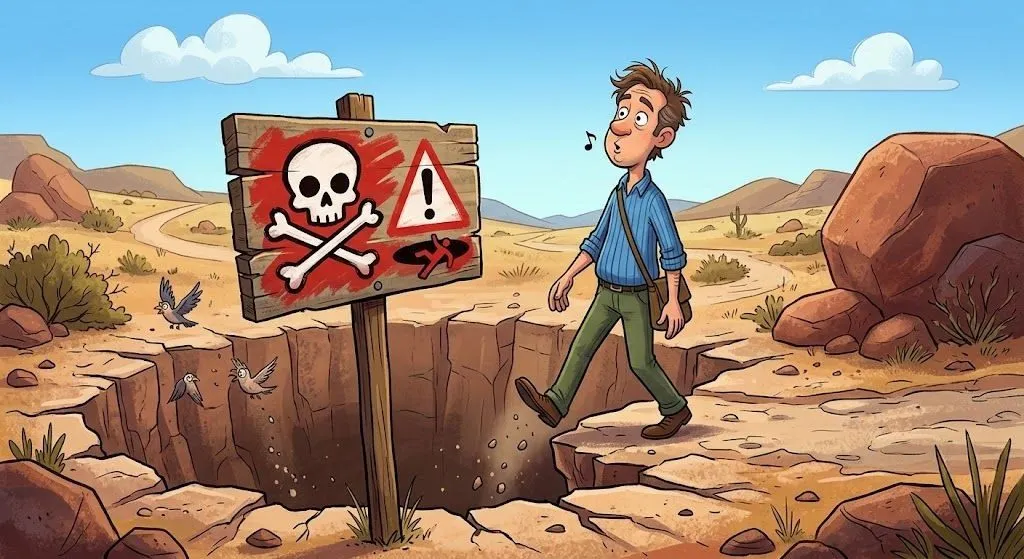 Cartoon of a man whistling as he walks past a danger sign, straight toward a crack in the ground