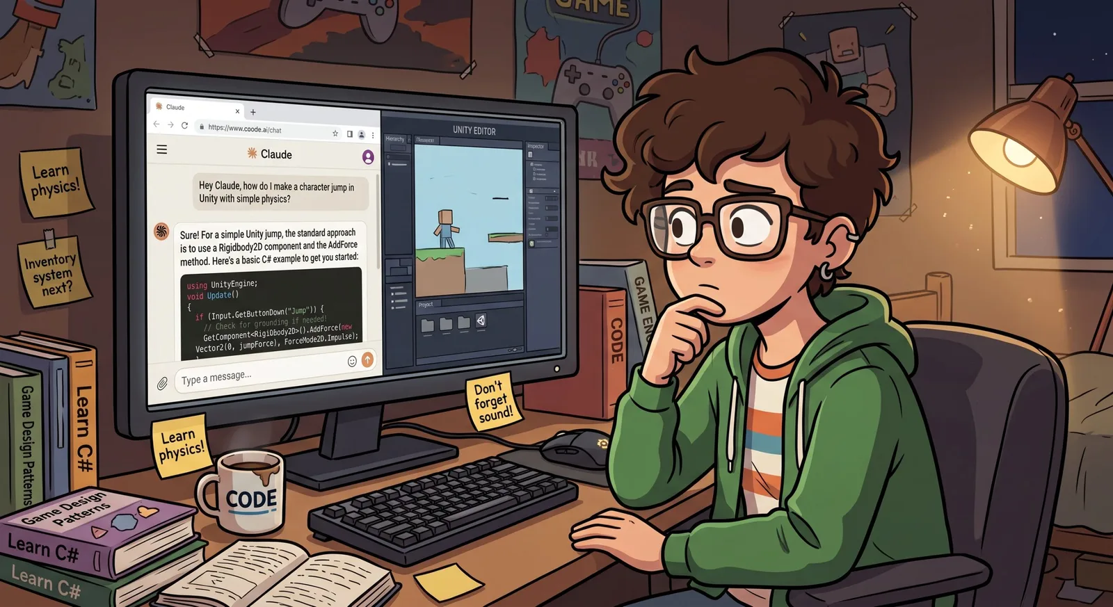 Illustration of a young developer at a desk, looking puzzled at an AI chat that explains a Unity jump script, with the Unity editor open beside it and C# books and sticky notes all around